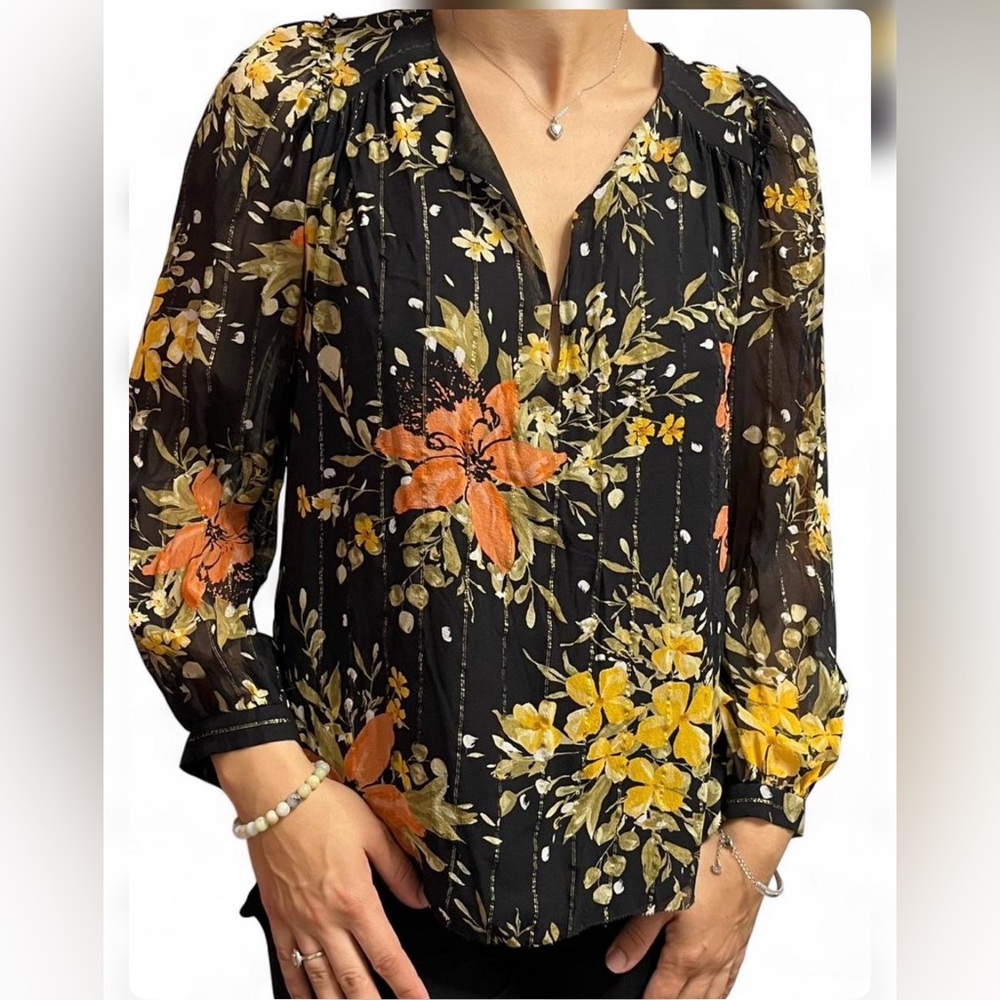 Joie Black Sheer SILK Floral V- neck